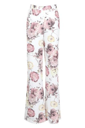 Premium Floral Print Satin Wide Leg Trouser | Boohoo white