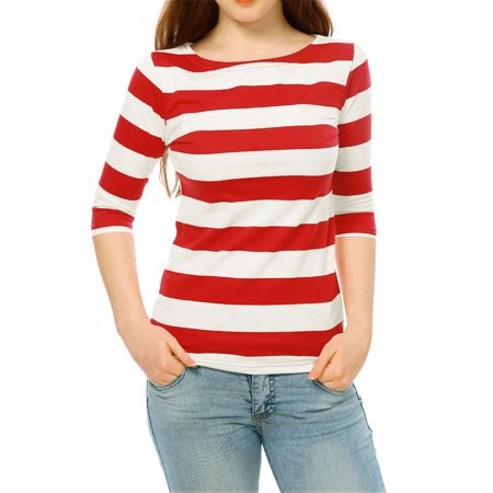 Unique Bargains - Women Elbow Sleeves Boat Neck Striped Tee - Walmart.com