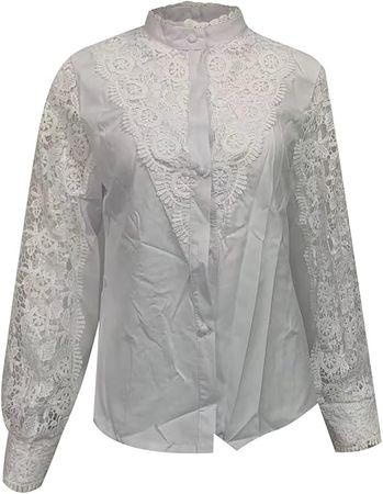 Womens Summer Lace Print Top Casual Ruffle Trim Long Sleeve Tunic Shirts Casual Button Down Blouse Solid Tees at Amazon Women’s Clothing store