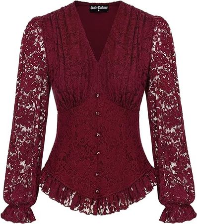 Women Peplum Shirt Elegant Victorian Blouse Puff Sleeve Slim Fit Red Shirt Wine XL at Amazon Women’s Clothing store