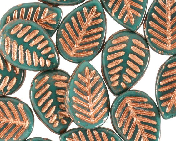 Czech Glass Dark Green Turquoise w/ Bronze Carved Leaf Drop 12x17mm - Lima Beads