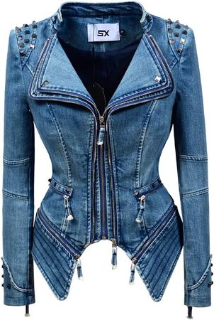 LFSS Women's classic denim jacket personalized rivet punk dovetail Motorcycle Jacket (2XL, Blue) at Amazon Women's Coats Shop