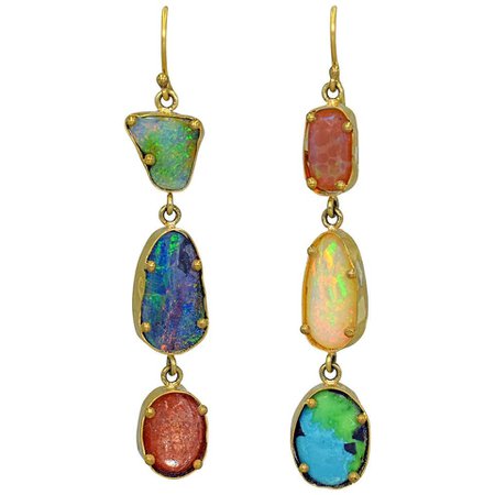 Opal, Turquoise and Sunstone 22-Karat Gold Asymmetrical Dangle Earrings