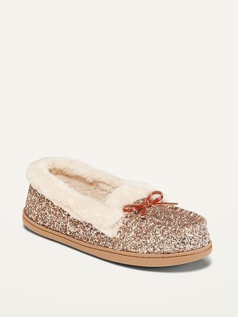 Glitter Faux-Fur Lined Moccasin Slippers for Women | Old Navy