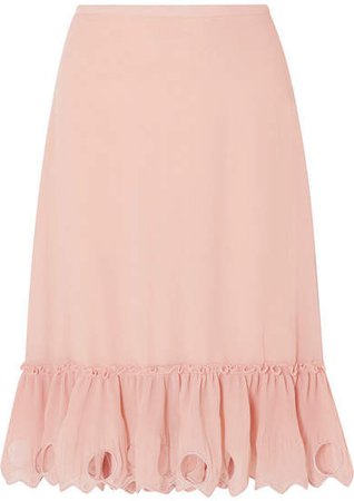 Ruffled Cutout Georgette Midi Skirt - Pink
