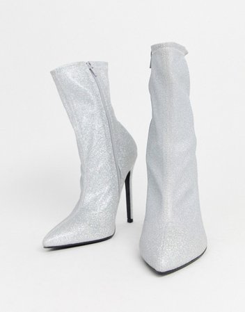 ASOS DESIGN Wide Fit Esmerelda high heeled sock boots in silver glitter | ASOS