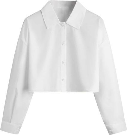 Verdusa Women's Button Down Long Sleeve Collar Shirt Blouse Crop Top White S at Amazon Women’s Clothing store
