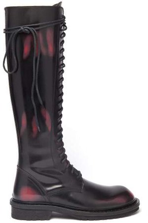 Knee High Distressed Leather Boots - Womens - Black Red