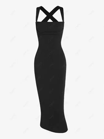 Women's Crisscross Tied Backless Rib Midi Bodycon Vegas Dress In BLACK | ZAFUL 2024