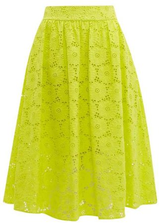 Tara High Rise Broderie Anglaise Cotton Midi Skirt - Womens - Yellow