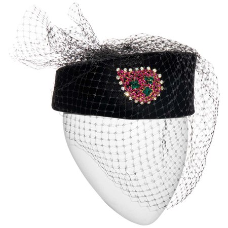 Givenchy Black Velvet Pillbox Hat Crystal Brooch Birdcage Veil, Circa: 1980's