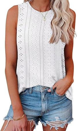 Bliwov Womens Tank Tops Eyelet Embroidery Shirts Summer Sleeveless for Women Casual Loose Fit Scoop Neck Basic Top White at Amazon Women’s Clothing store