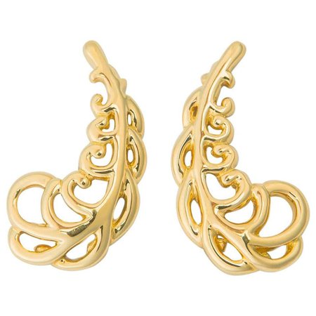 Tiffany and Co. Paloma Picasso Gold Plume Earrings For Sale at 1stDibs