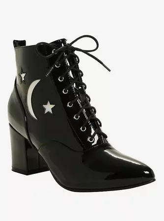 Black Patent Faux Leather Hologram Moon & Stars Pointed Toe Booties | Hot Topic