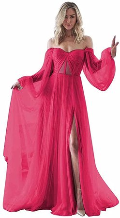 Women's Puffy Sleeve Prom Dress Ball Gown Tulle Wedding Dress for Bride Formal Evening Gowns with Split,Rose Red Size 14 at Amazon Women’s Clothing store