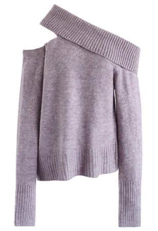 Asymmetric Cutout Off-Shoulder Knit Sweater in Violet - NEW ARRIVALS - Retro, Indie and Unique Fashion