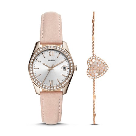 Scarlette Mini Three-Hand Date Blush Leather Watch and Bracelet Box Set - Fossil