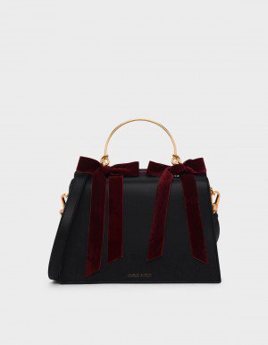 Black Velvet Bow Detail Handbag | CHARLES & KEITH
