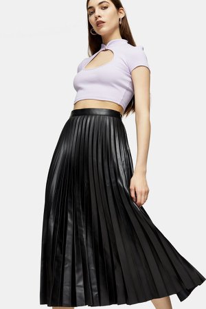 Black Pleated PU Midi Skirt