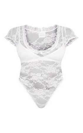 Shape White Lace V Neck Bodysuit | Curve | PrettyLittleThing