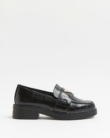 Black wide fit croc embossed loafers | River Island