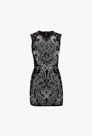 Short Black And Silver Silk Embroidered Dress for Women - Balmain.com