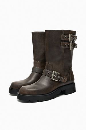 BUCKLED FLAT BIKER ANKLE BOOTS - Brown | ZARA United States