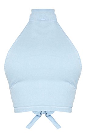 Shape Light Blue Wash Denim Halterneck Crop Top | PrettyLittleThing