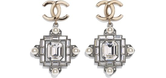 Earrings, metal, glass pearls & diamantés, gold, ruthenium, pearly white & crystal - CHANEL