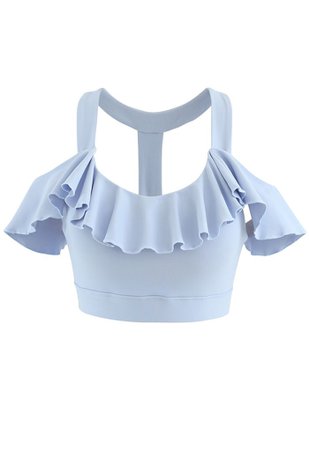 Ruffle Trim I-Shaped Back Low-Impact Sports Bra in Baby Blue - Retro, Indie and Unique Fashion