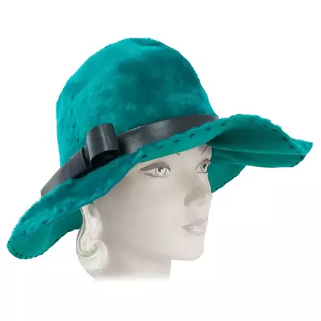 1970s Deborah Teal/Green rabbit Hat with Black Topstitch and Faux Leather Band For Sale at 1stDibs
