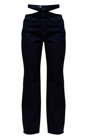 Dark Blue Wash Thong Detail Wide Leg Jeans | PrettyLittleThing USA