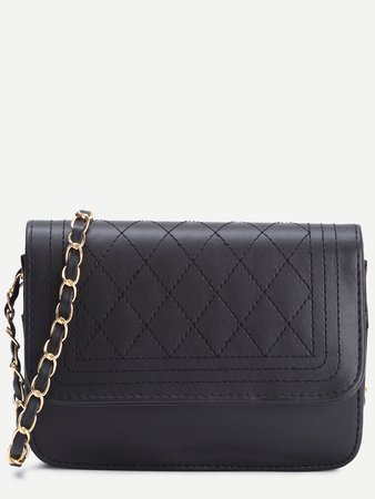 Black Faux Leather Quilted Flap Chain Bag