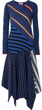 Asymmetric Striped Cotton-blend Midi Dress - Blue