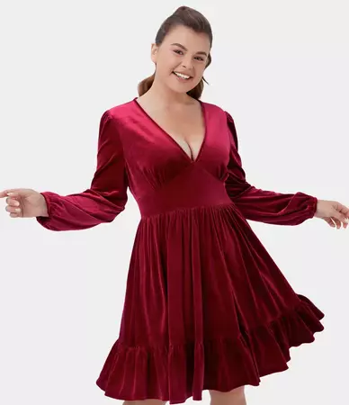 Women’s Everyday Deep V Neck Ruffled Hem Velvet Plus Size Mini Chill Dress - HALARA