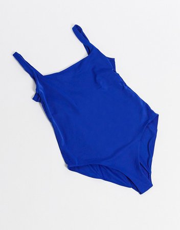 Weekday Desert recycled polyester rib swim suit in blue | ASOS