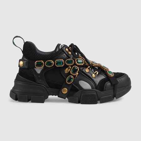 Black Leather Women's Flashtrek Sneaker With Removable Crystals | GUCCI® US
