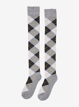 Grey White & Yellow Argyle Over-The-Knee Socks