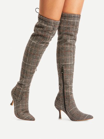 Gingham Print Pointed Toe Lace Up Boots