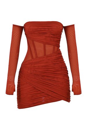 'Mirage' Burnt Orange Ruched Mesh Asymmetric Corset Dress - Mistress Rock