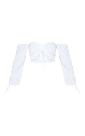 White Ruched Detail Bardot Long Sleeve Crop Top