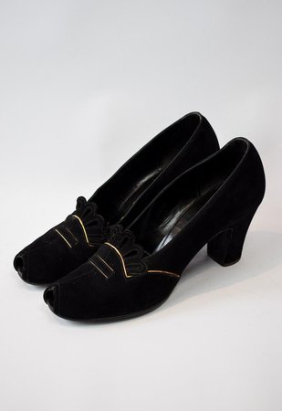 1940s Black Suede & Gold Trim Shoes // Vintage 1940s | Etsy