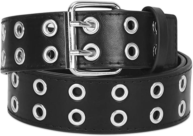 Double Grommet Belt 70S Punk Style Double Prong PU Leather Studded Belts for Jeans by SANSTHS, White S at Amazon Women’s Clothing store