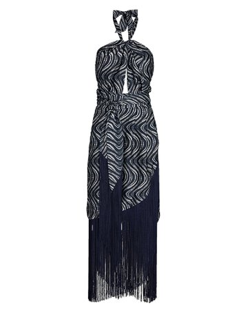 Azulu Sunset Fringed Printed Halter Midi Dress | INTERMIX®