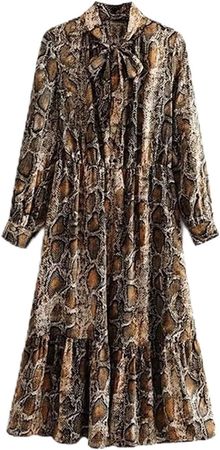 HXSZWJJ Snake Print Shirt Dress Bow Tie Collar Long Sleeve Loose Dresses Stretch Waist Knee Length Pleated Lady Autumn Dress (Color : A, Size : M.) at Amazon Women’s Clothing store