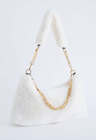 Faux Fur Fuzzy Shoulder Bag in White - Retro, Indie and Unique Fashion