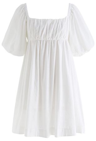 Square Neck Puff Sleeves Tie-Back Dress in White - Retro, Indie and Unique Fashion