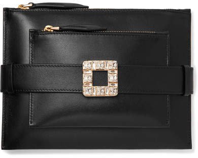 Convertible Crystal-embellished Leather Clutch - Black