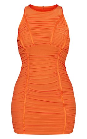 Orange Mesh Racer Neck Binding Bodycon Dress | PrettyLittleThing USA