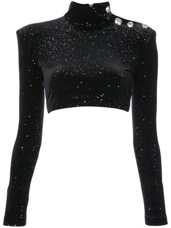 Black Glittered Cropped Velvet Top